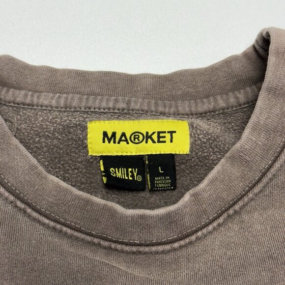 MARKET Sweatshirt Mens Large L Grey Brown Smiley Face Logo Crewneck Chinatown - Picture 9 of 12